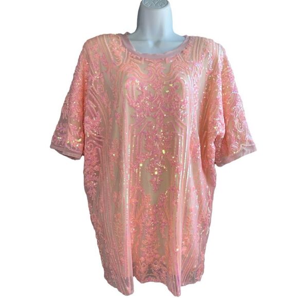 DONNA LEAH DESIGNS One Size Fits All Sequined Appliqués Rib Collar Short Sleeve - Picture 1 of 8